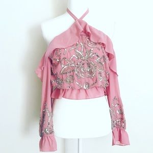 SOLD Nasty Gal Pink Sequins Embellished Halter Crop Top